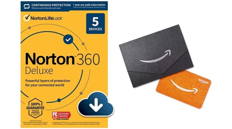 Norton 360 Deluxe 2022 for up to 5 Devices + $10 Amazon.com Gift Card - Includes VPN, PC Cloud Backup & Dark Web Monitoring powered by LifeLock [Download, 12 Month with Auto-Renewal]