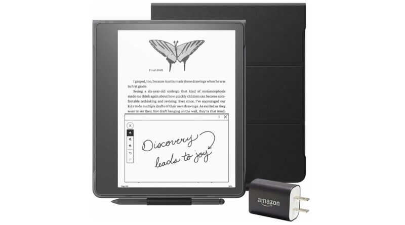 Kindle Scribe Essentials Bundle including Kindle Scribe (64 GB), Premium Pen, Leather Folio Cover with Magnetic Attach - Black, and Power Adapter