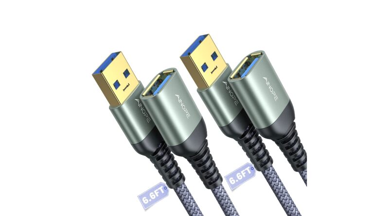 AINOPE 2 Pack USB Extensions Cable High Speed USB 3.0 Extension Cord Type A Male to Female Sturdy Braided Material Fast Data Transfer Compatible with USB Keyboard,Mouse,Flash Drive,Grey,6.6FT+6.6FT