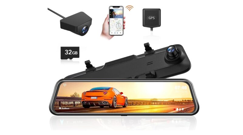 WOLFBOX G840H 12'' Mirror Dash Cam with WiFi, 2.5K Rear View Mirror Camera with 1080P Rear Camera, WiFi Mirror Dash Cam Front and Rear, Included 32GB Card & GPS